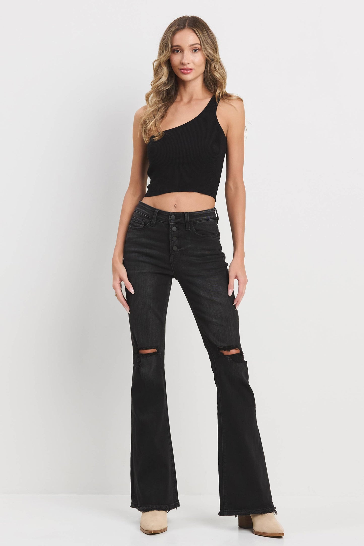 Jelly Brand High Rise Flare with Knee Slits: Washed Black