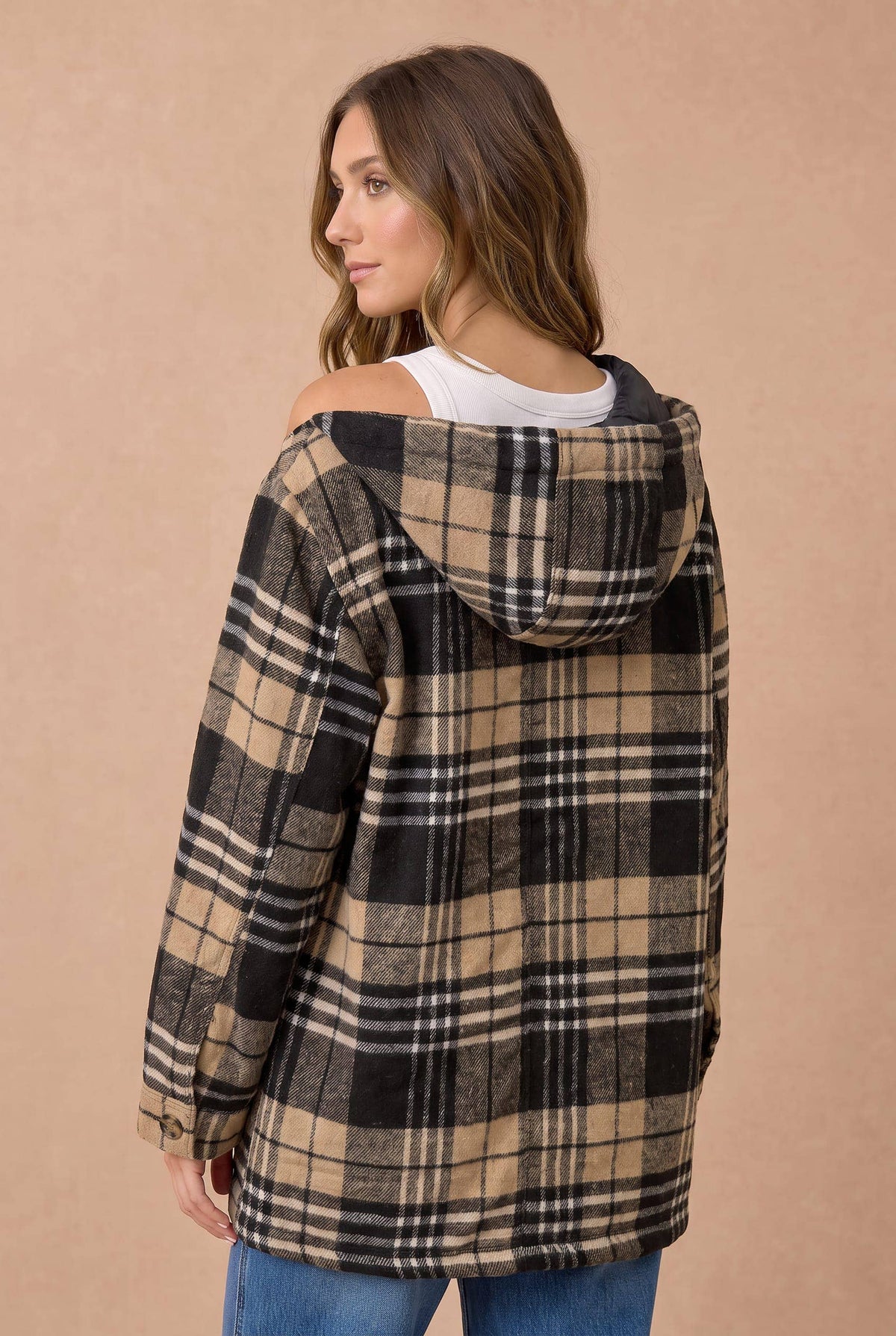 Shay Long Sleeve Plaid Button Up Hooded Jacket