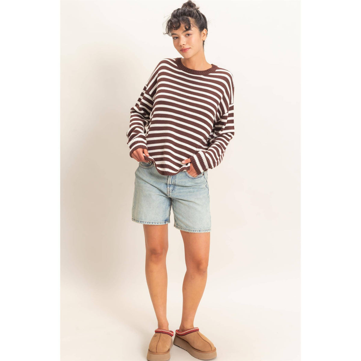 Striped Crew Neck Sweater - Dark Brown
