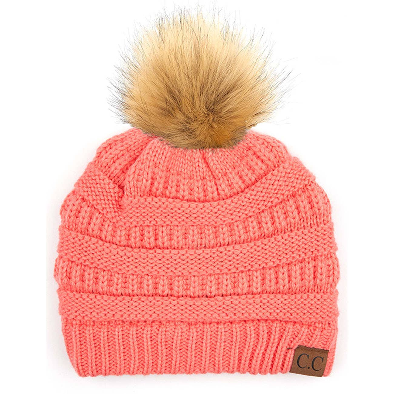 C.C Solid Ribbed Knit Beanie With Pom: Beige