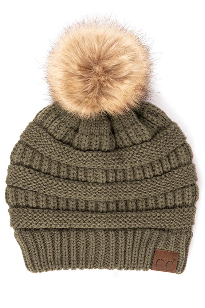C.C Solid Ribbed Knit Beanie With Pom: Beige