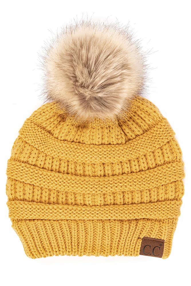 C.C Solid Ribbed Knit Beanie With Pom: Beige