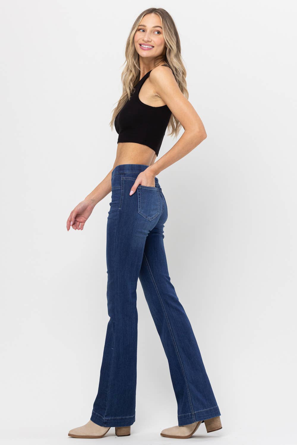Jelly Brand Mid Rise Dark Denim Pull On Flare