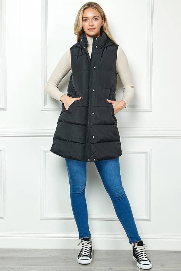 Paige Longline Hooded Puffer Vest: Black