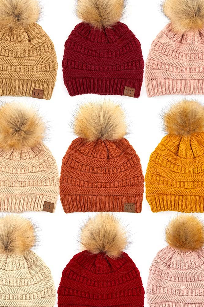 C.C Solid Ribbed Knit Beanie With Pom: Beige