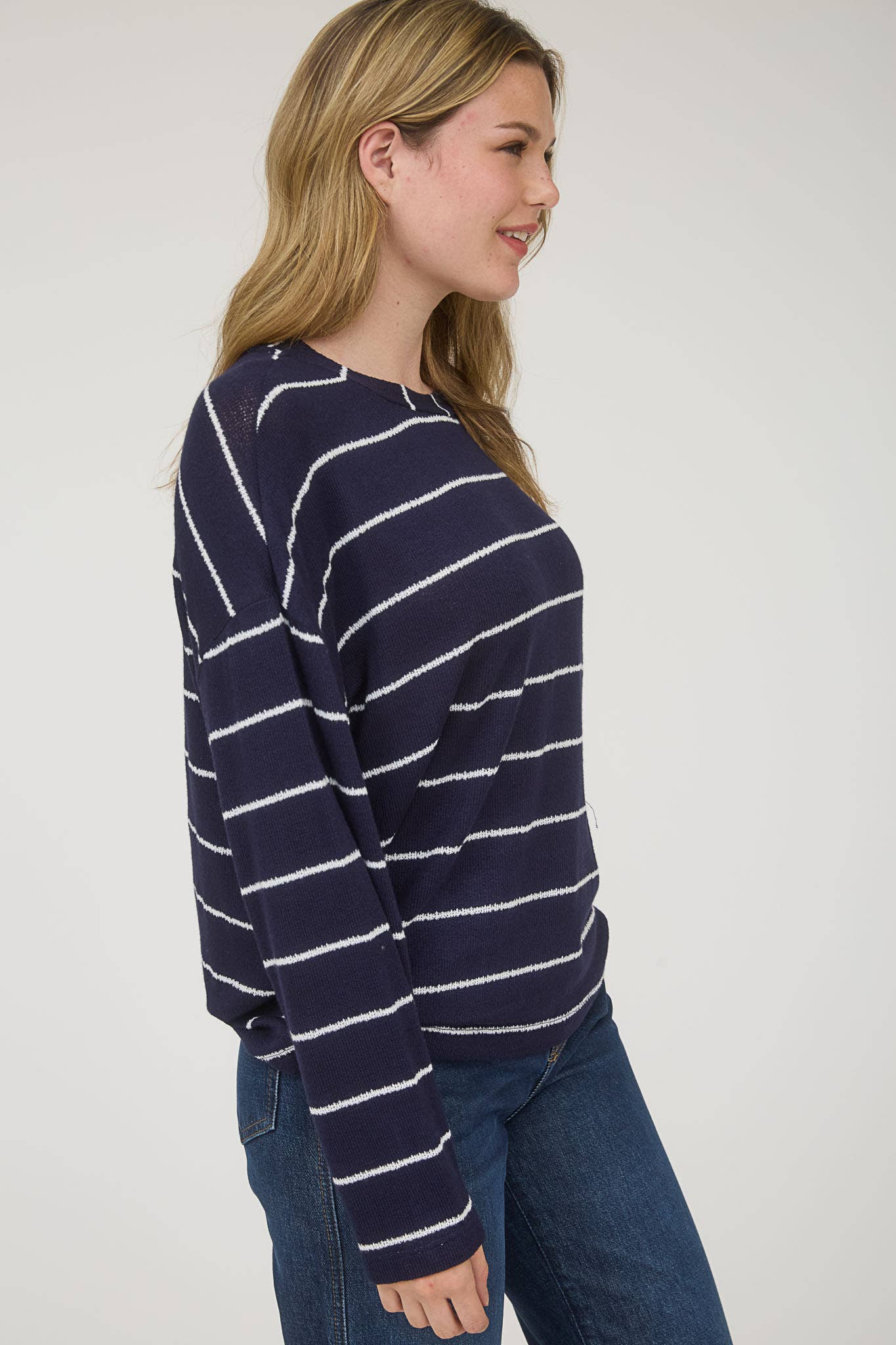 Angie Striped Drop Shoulder Knit Sweater - Navy/White