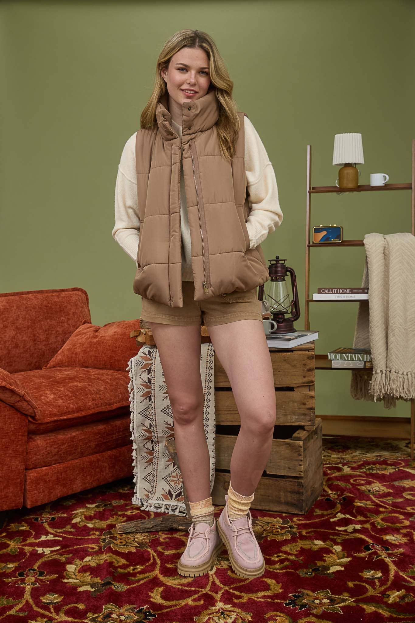 Evie Zip Up Puffer Vest - Light Cocoa