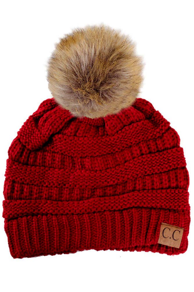 C.C Solid Ribbed Knit Beanie With Pom: Beige