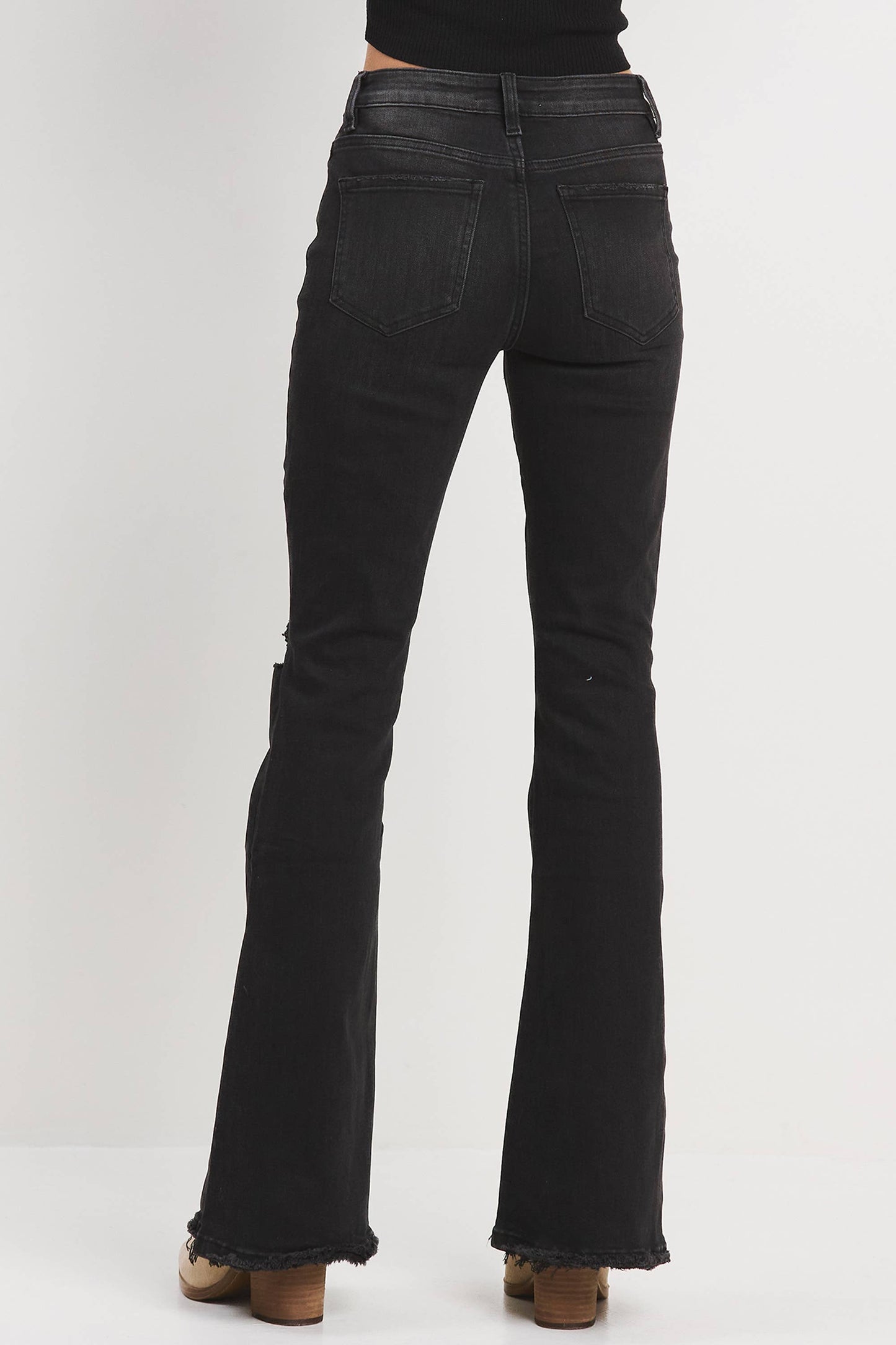 Jelly Brand High Rise Flare with Knee Slits: Washed Black