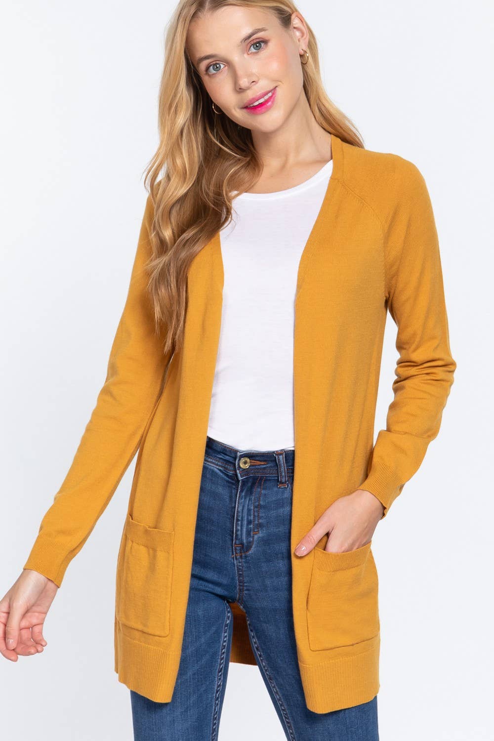 Regan Raglan Sleeve Open Sweater Cardigan - Mustard