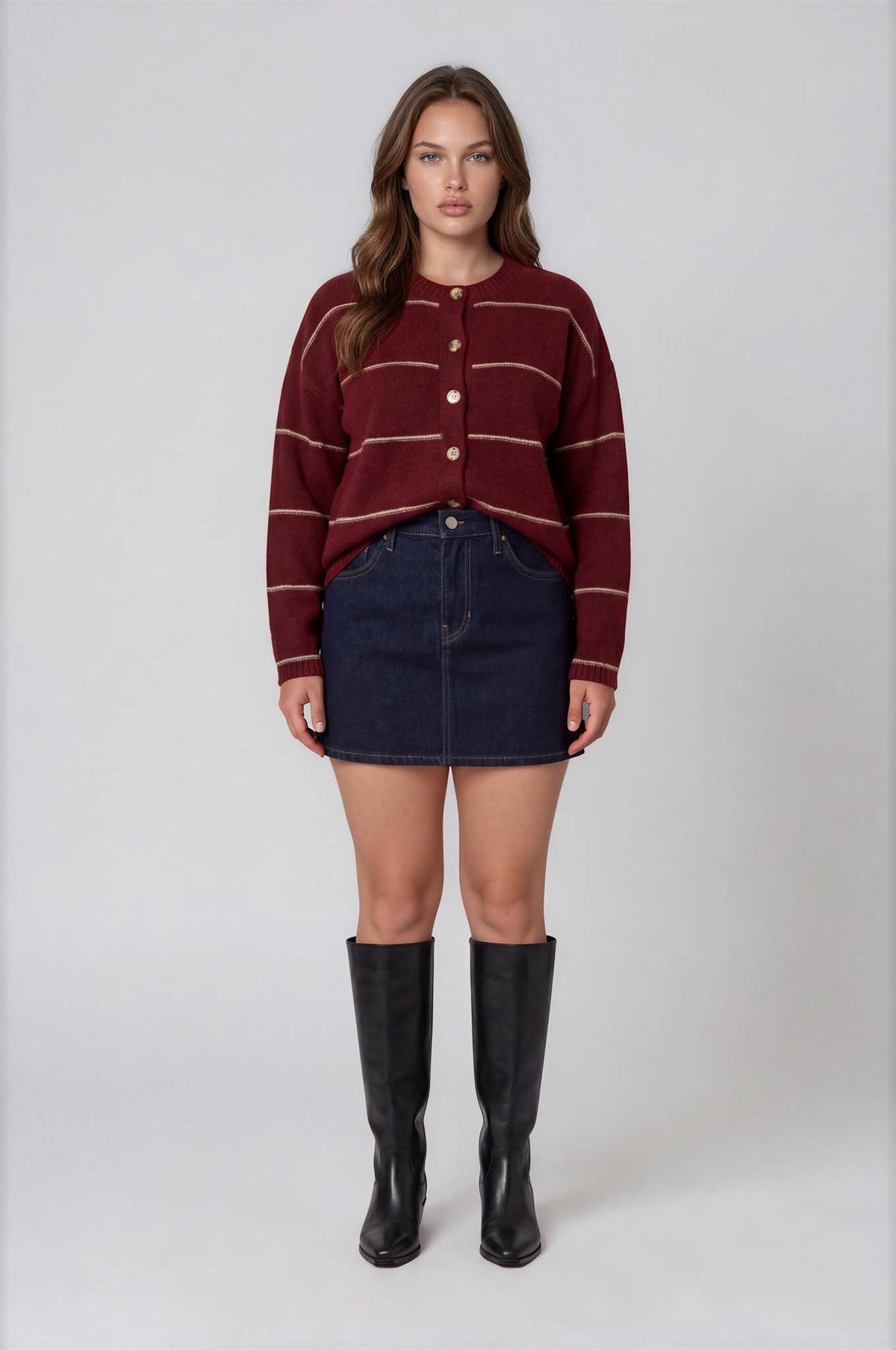 Plus Brynlee Striped Button Down Cardigan - Red Wood