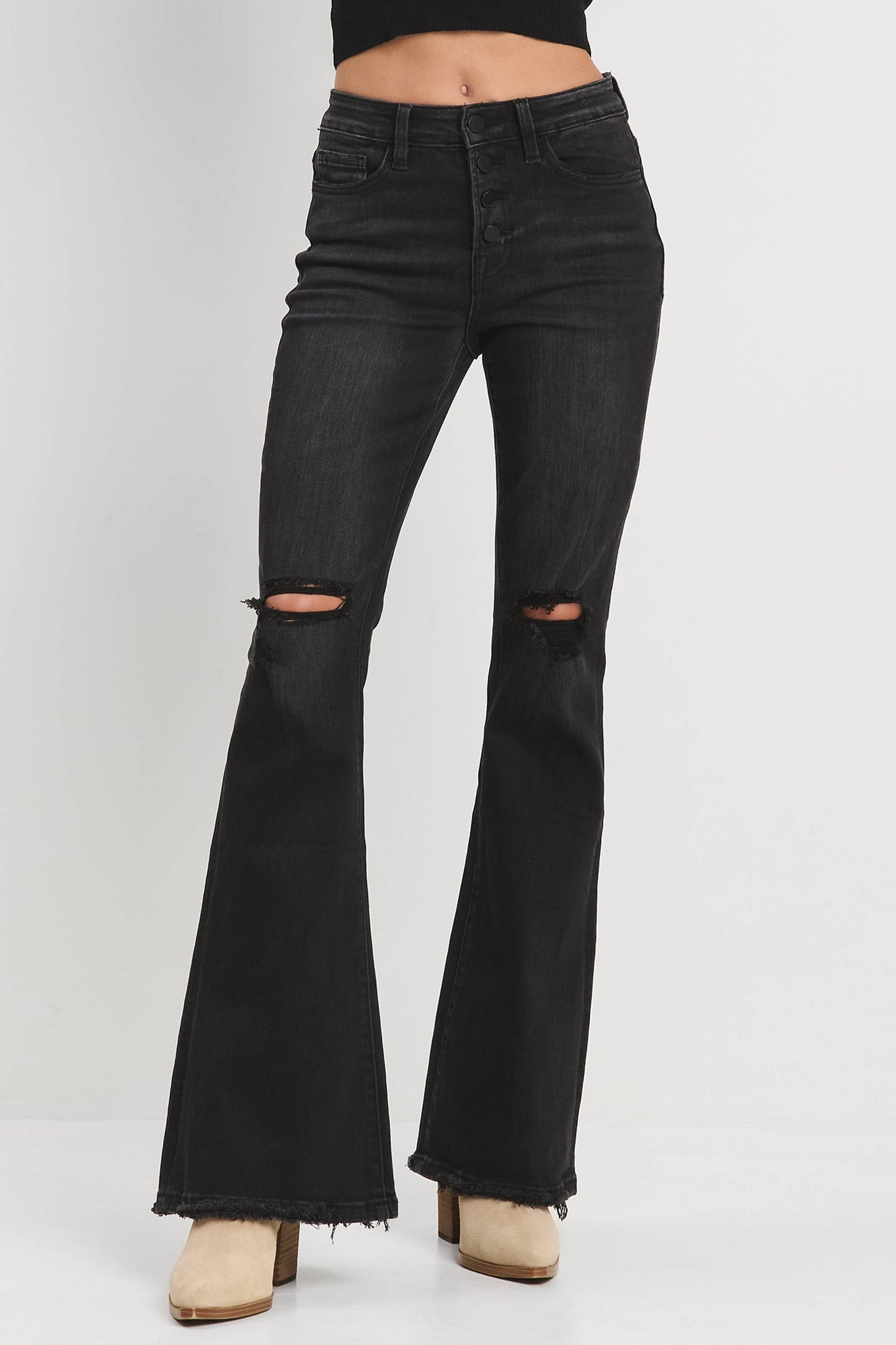 Jelly Brand High Rise Flare with Knee Slits: Washed Black