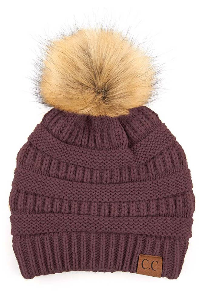 C.C Solid Ribbed Knit Beanie With Pom: Beige