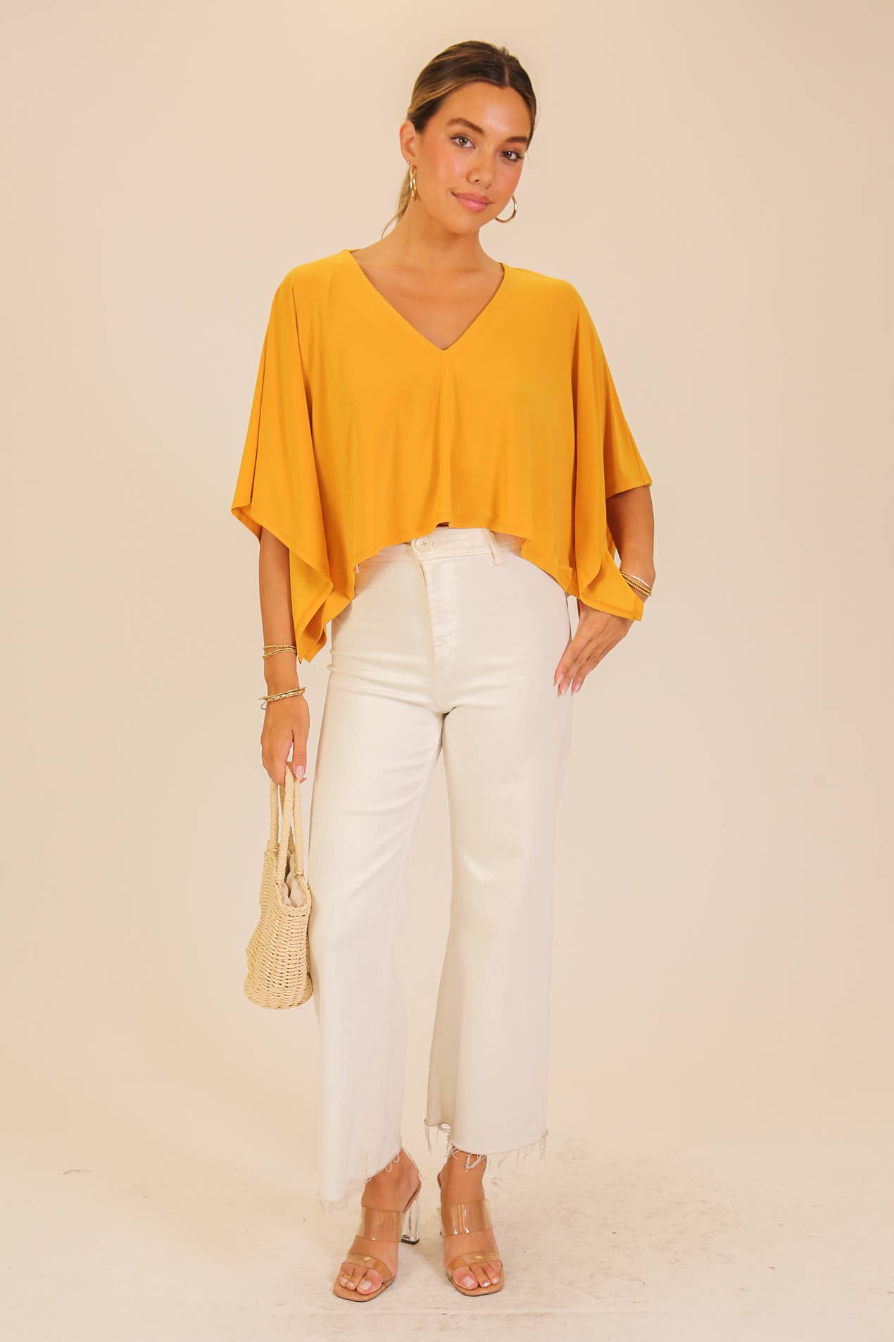 Auriona Flowy V-Neck Poncho Top - Mustard
