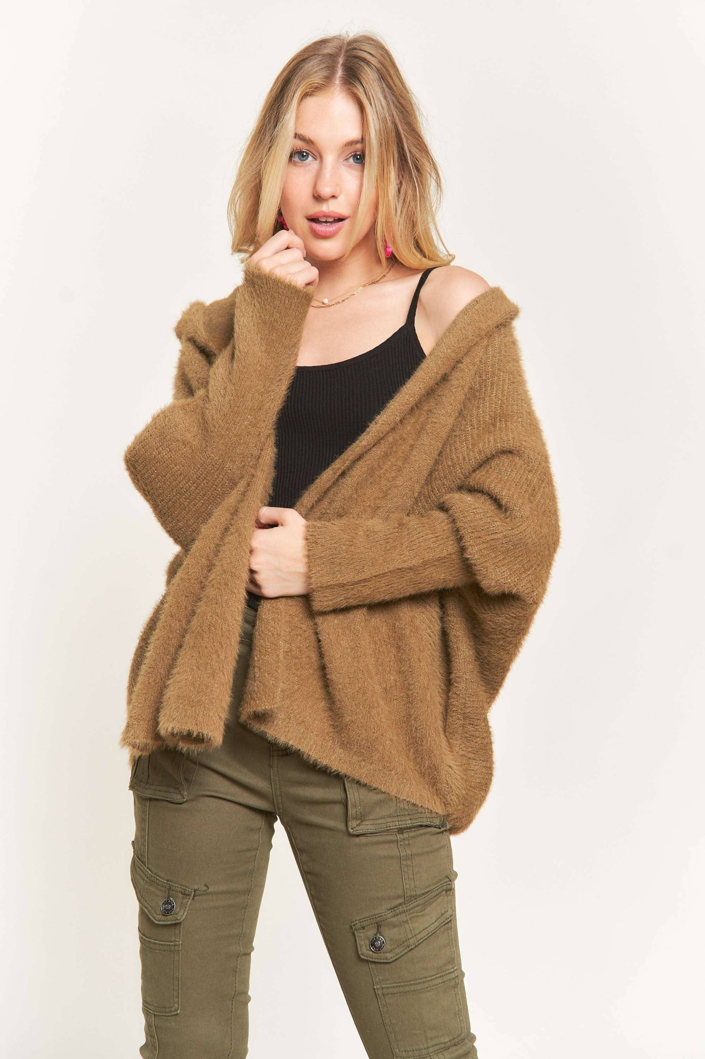 Sadie Soft Fuzzy Hoodie Cardigan - Dark Olive