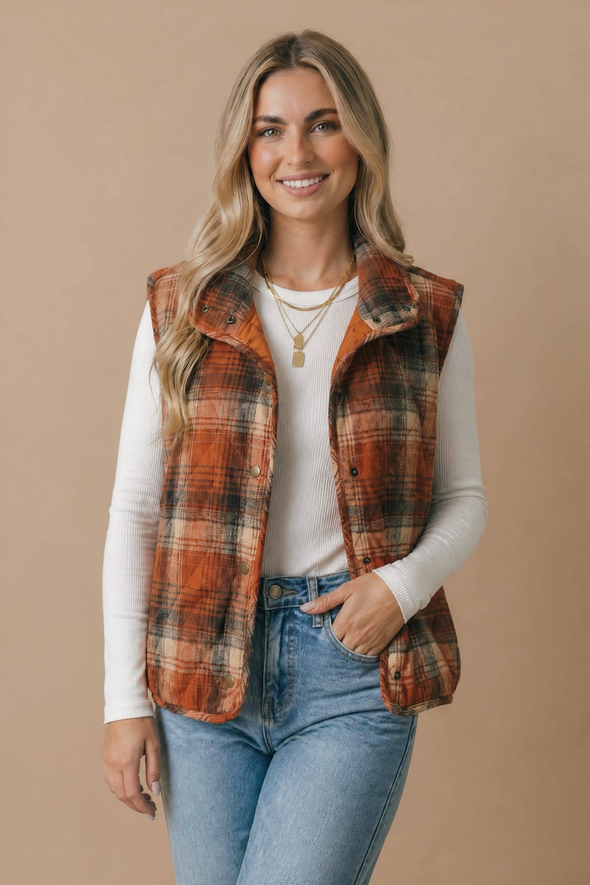 Cheyenne Plaid Quilted Snap Button Puffer Vest