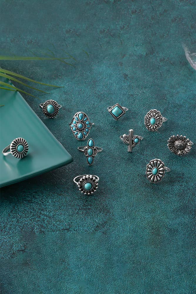Turquoise Alloy Rings Set ZK236: 01 / One Size