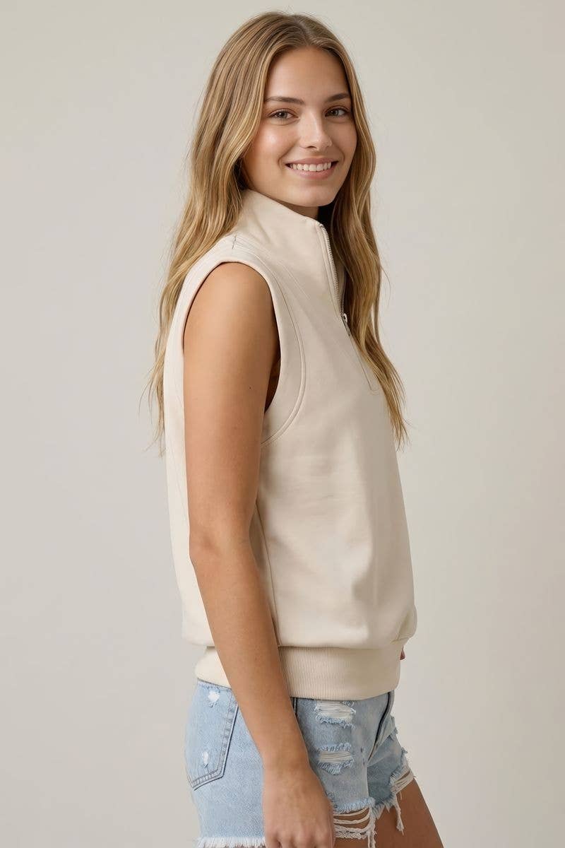 Ava Soft Modal Half Zip Sleeveless Top - Ecru