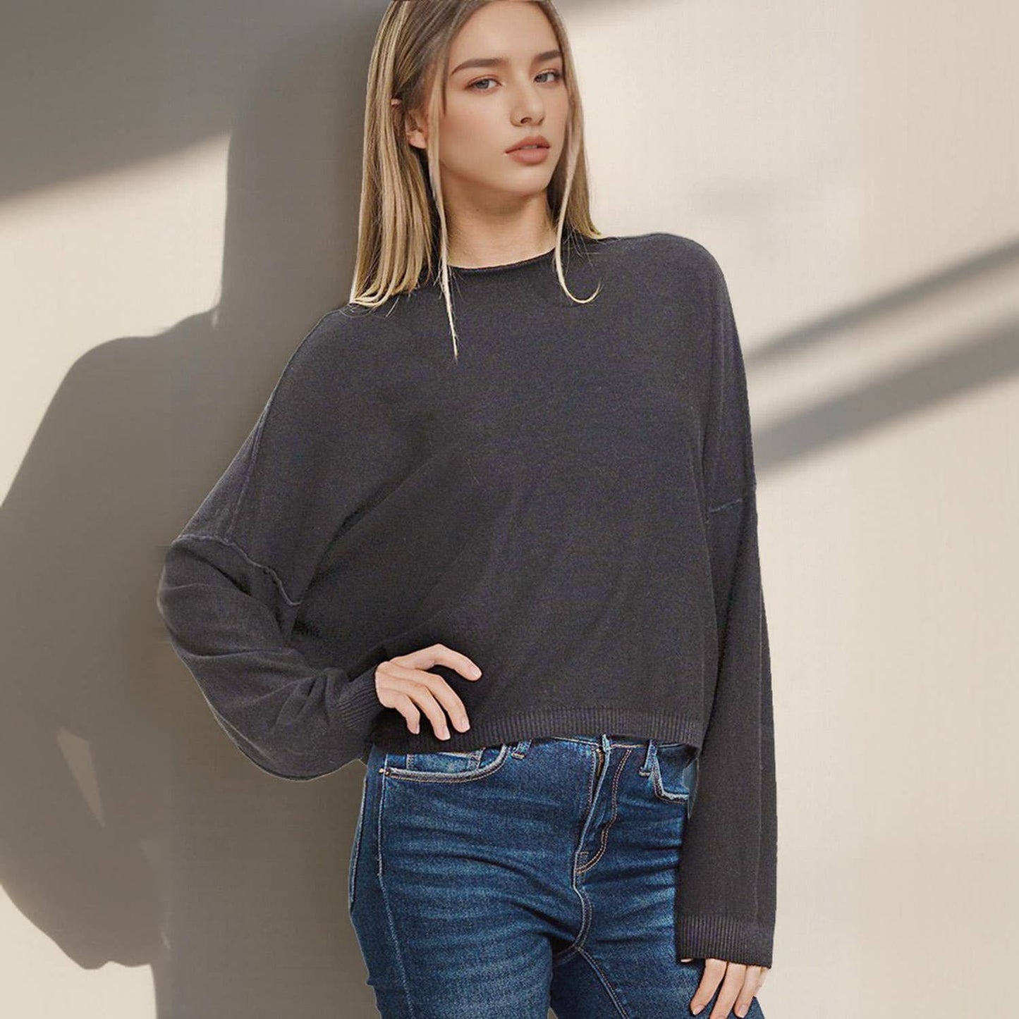 Meg Mock Neck Lightweight Sweater - Black
