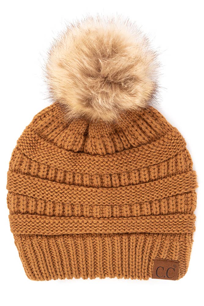 C.C Solid Ribbed Knit Beanie With Pom: Beige