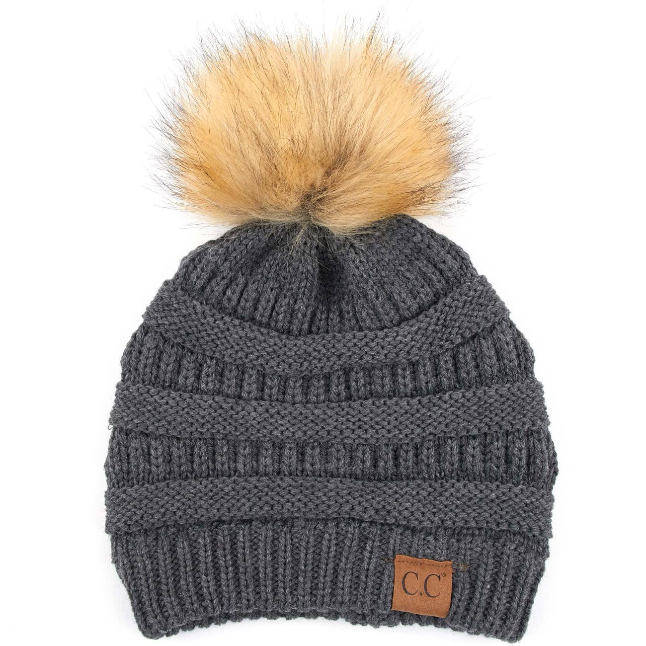 C.C Solid Ribbed Knit Beanie With Pom: Beige