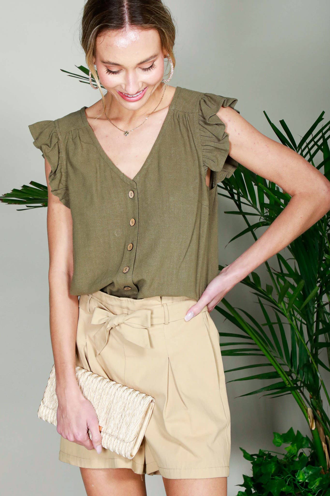 Bella Ruffle Sleeve Linen Top - Olive