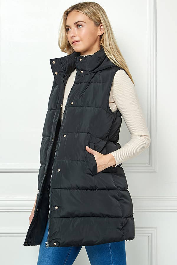 Paige Longline Hooded Puffer Vest: Black