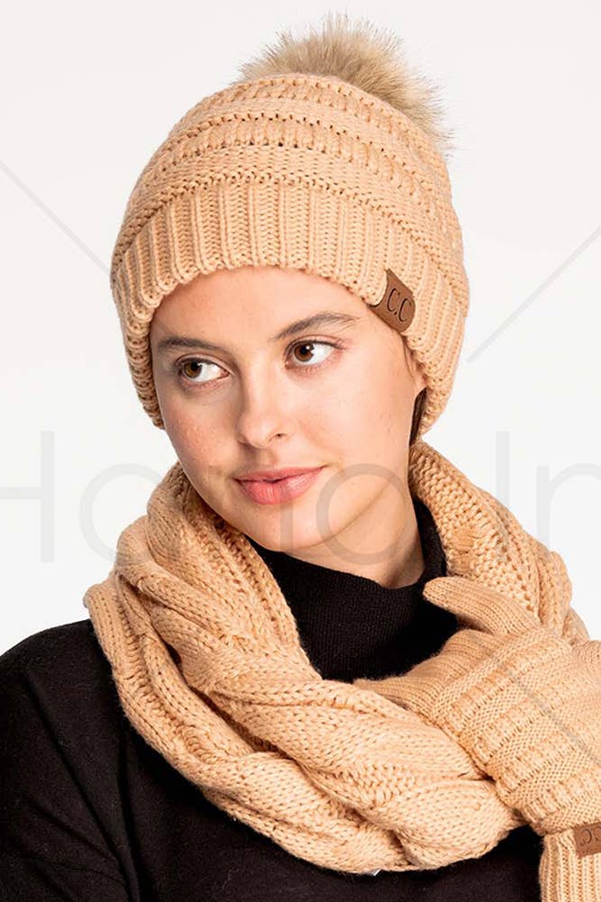 C.C Solid Ribbed Knit Beanie With Pom: Beige