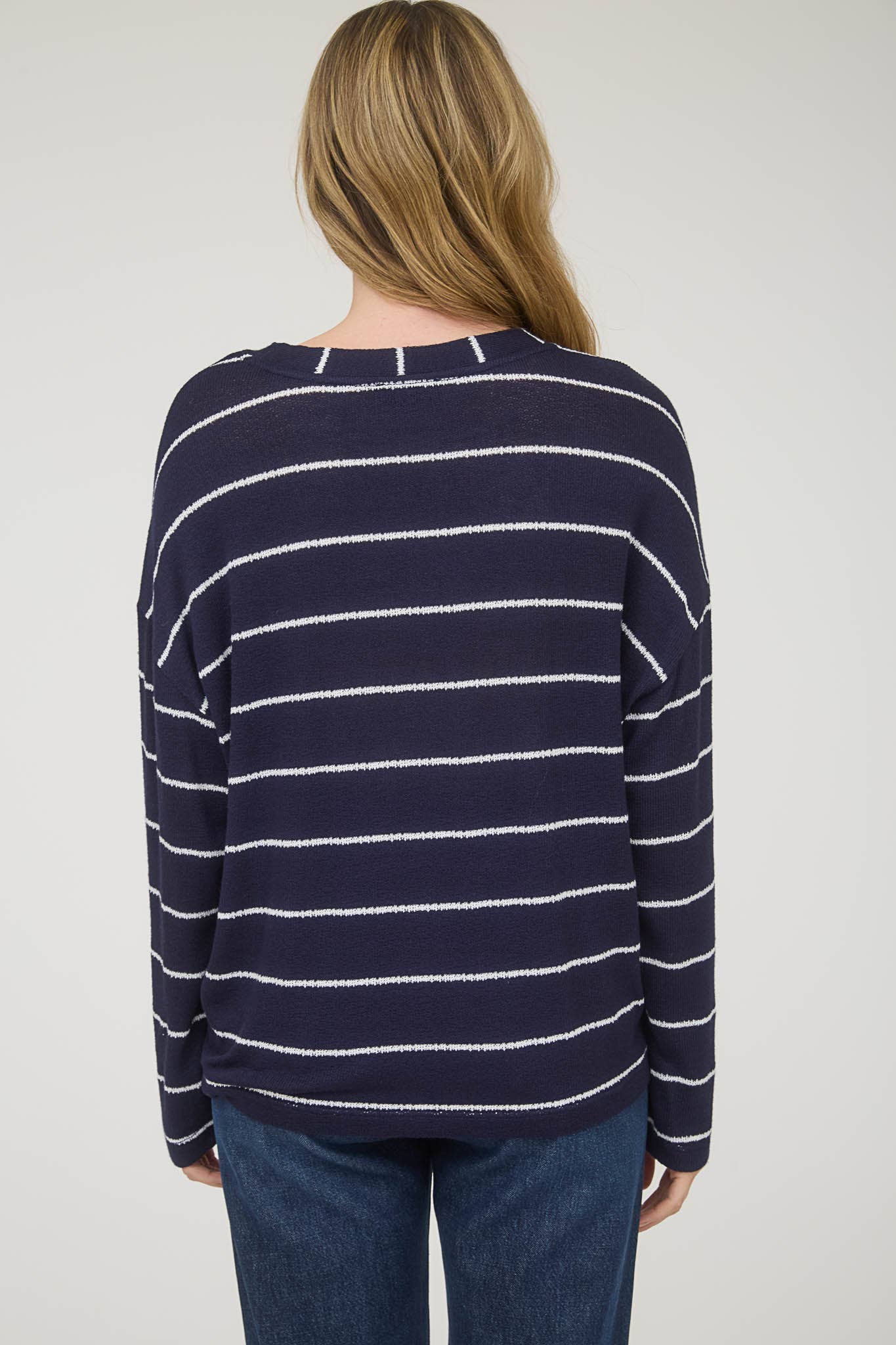 Angie Striped Drop Shoulder Knit Sweater - Navy/White