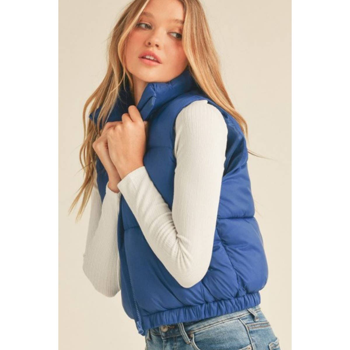 Nylon High Neck Faux Down Puffer Vest - Ivory
