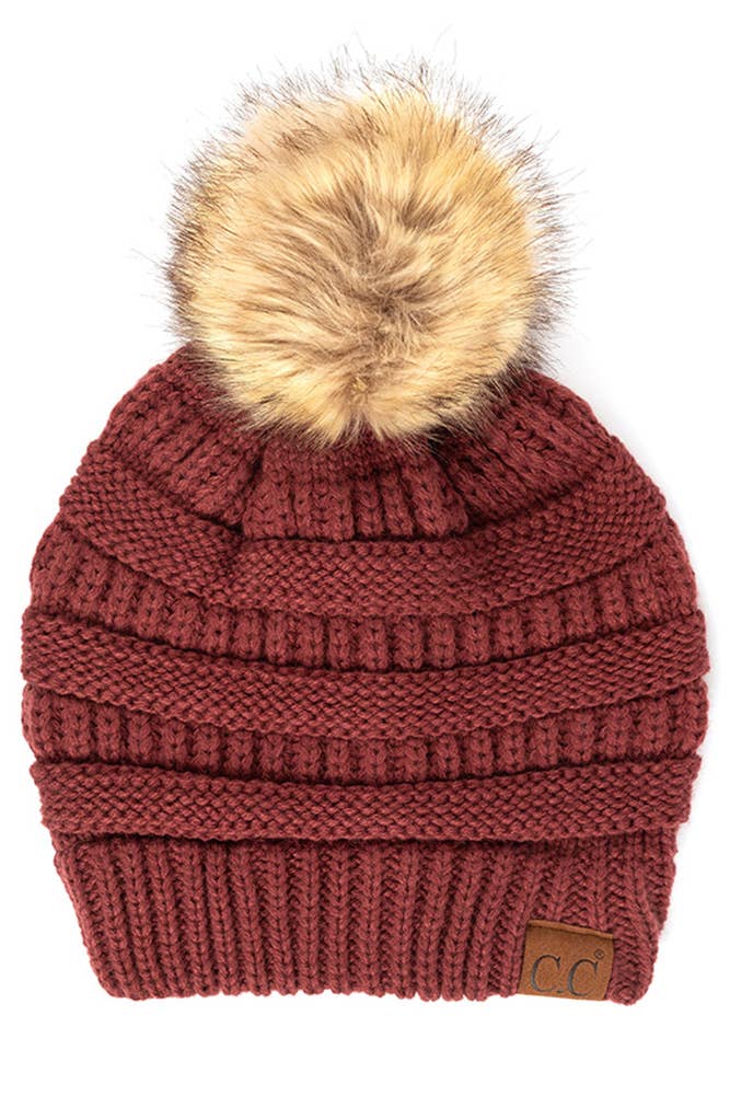 C.C Solid Ribbed Knit Beanie With Pom: Beige