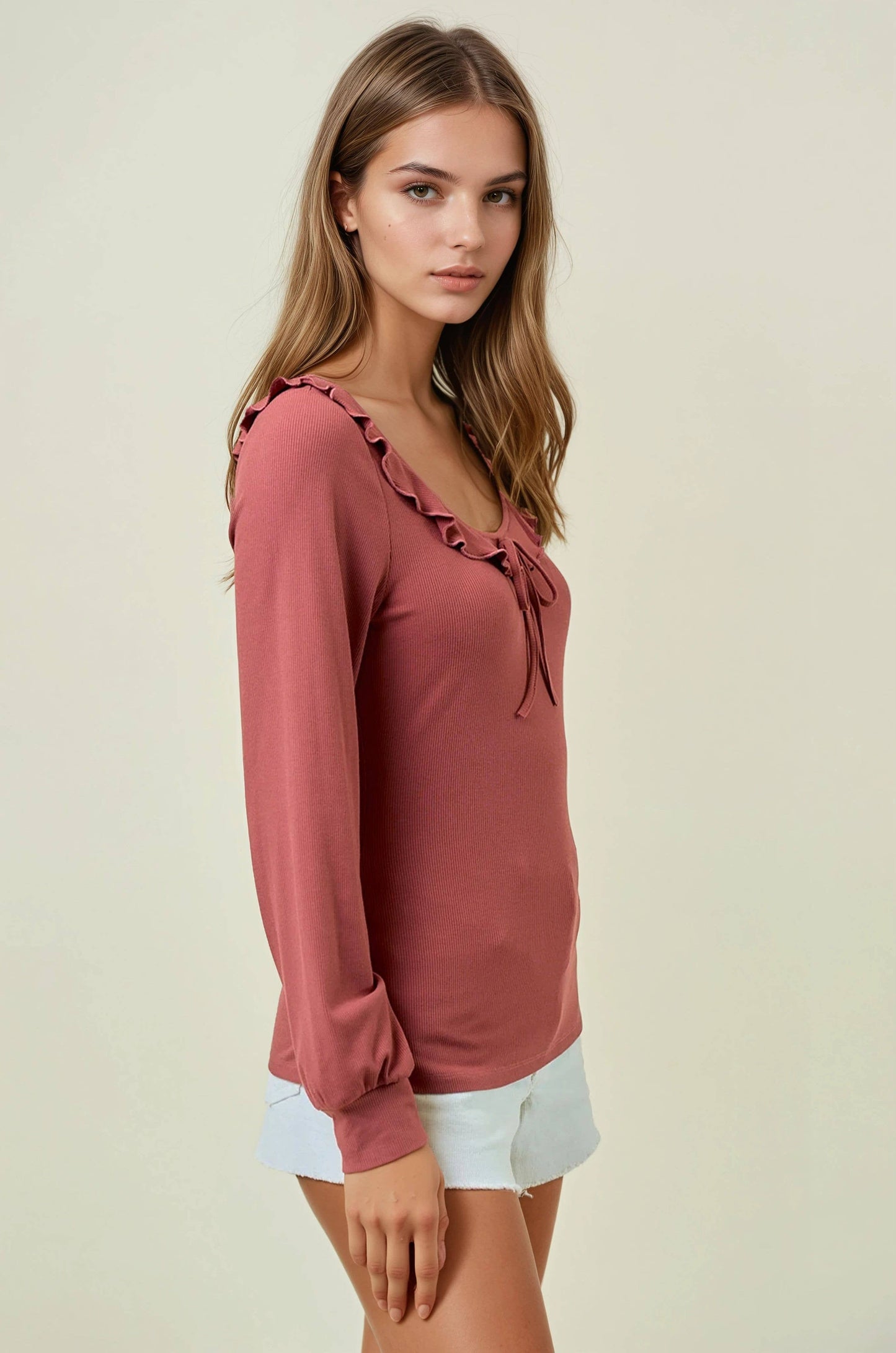 Rayna Ruffle Detail Top - Marsala