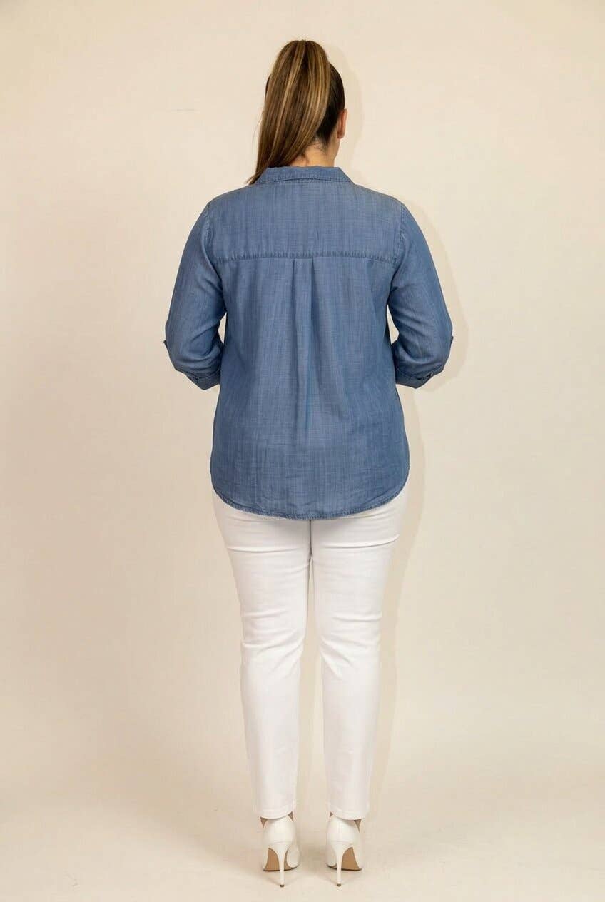 Plus Carrie Collared Shirt With Tab Sleeves - Light Washed