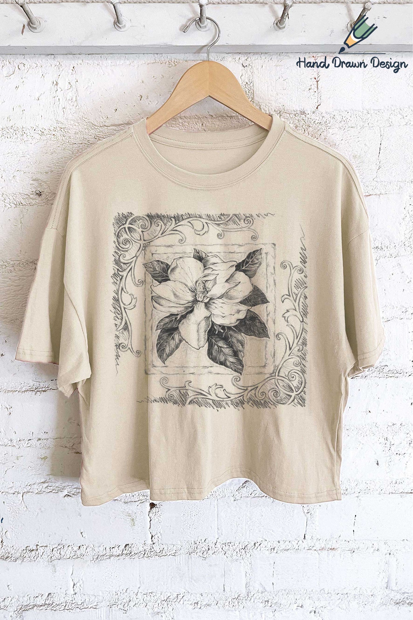 Magnolia Flower Hand Drawn Floral Graphic Tee - Khaki