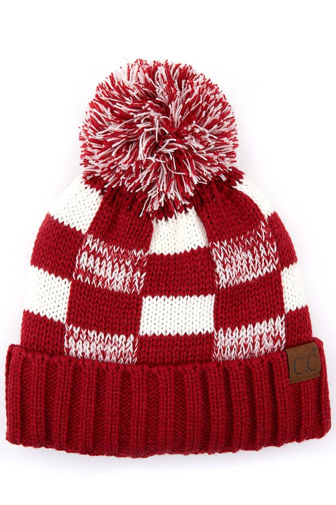 C.C Buffalo Check Team Color Beanie with Pom Winter Beanie: Maroon/Gold
