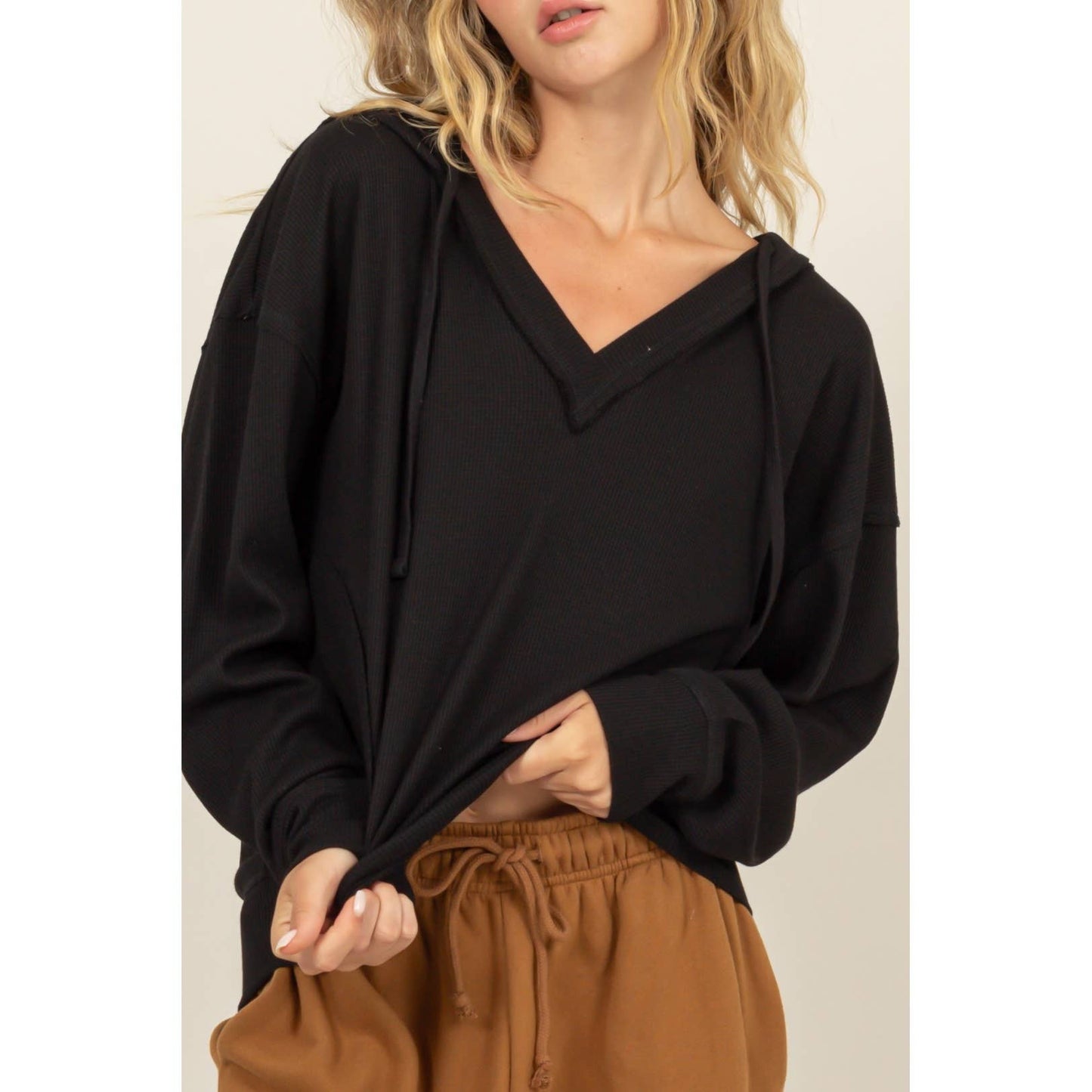 Avery Relaxed Fit Notch Neck Ribbed Hoodie