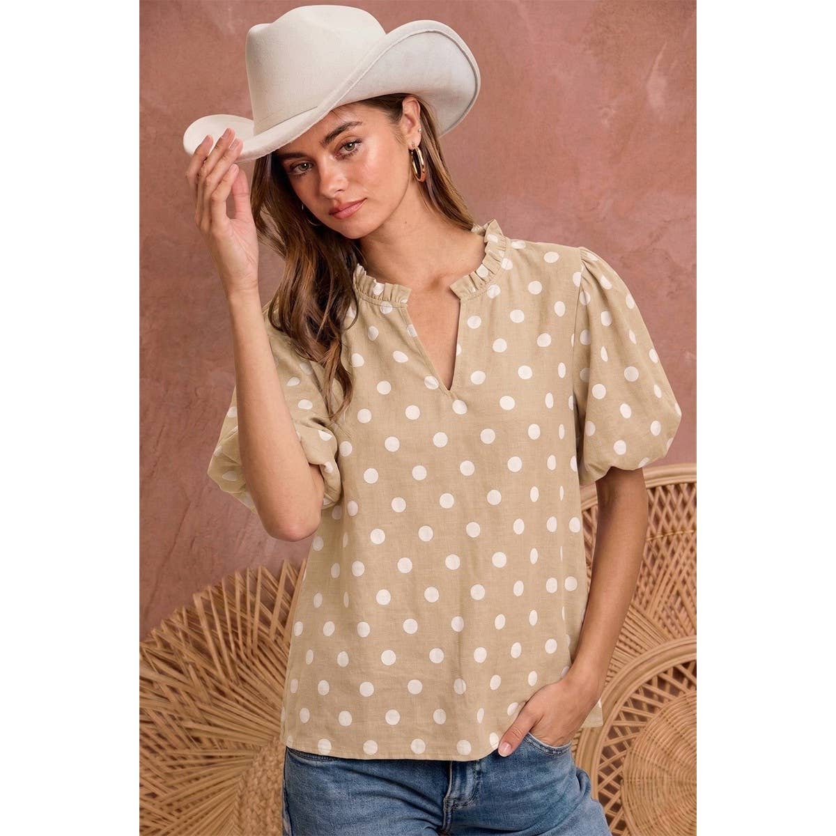 Jenna Polka Dot Woven Top - Dark Mocha