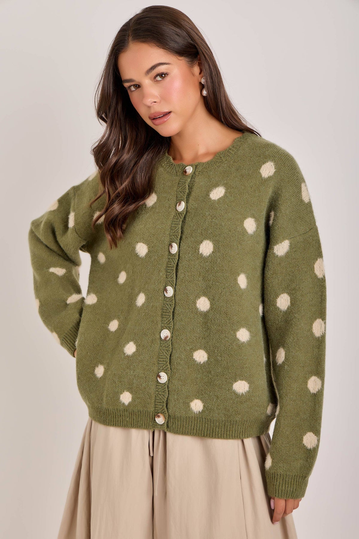 Chelsea Soft Polka Dot Sweater Cardigan: Olive/Oatmeal