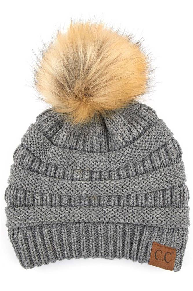 C.C Solid Ribbed Knit Beanie With Pom: Beige