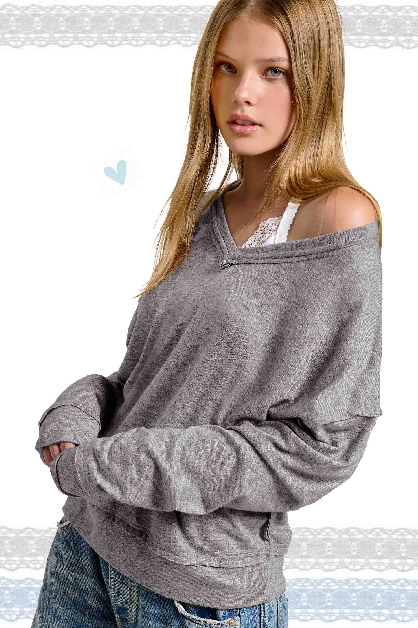 Michelle Soft Cut Edge Long Sleeve Top: Heather Grey