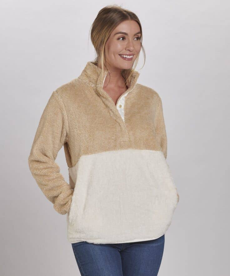 Teagan Fuzzy Fleece Pullover: Camel/Natural