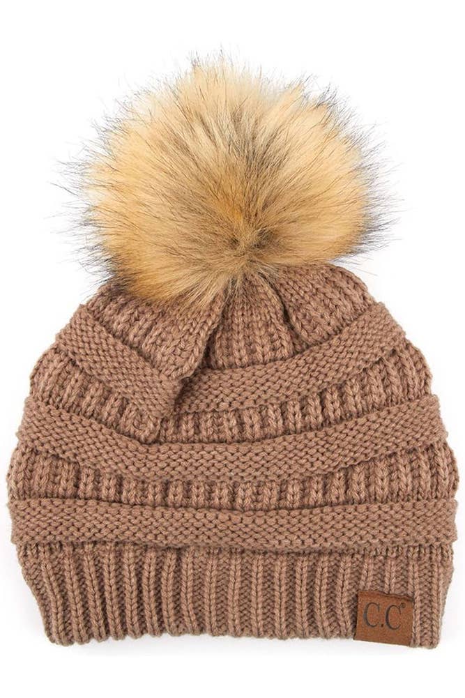 C.C Solid Ribbed Knit Beanie With Pom: Taupe