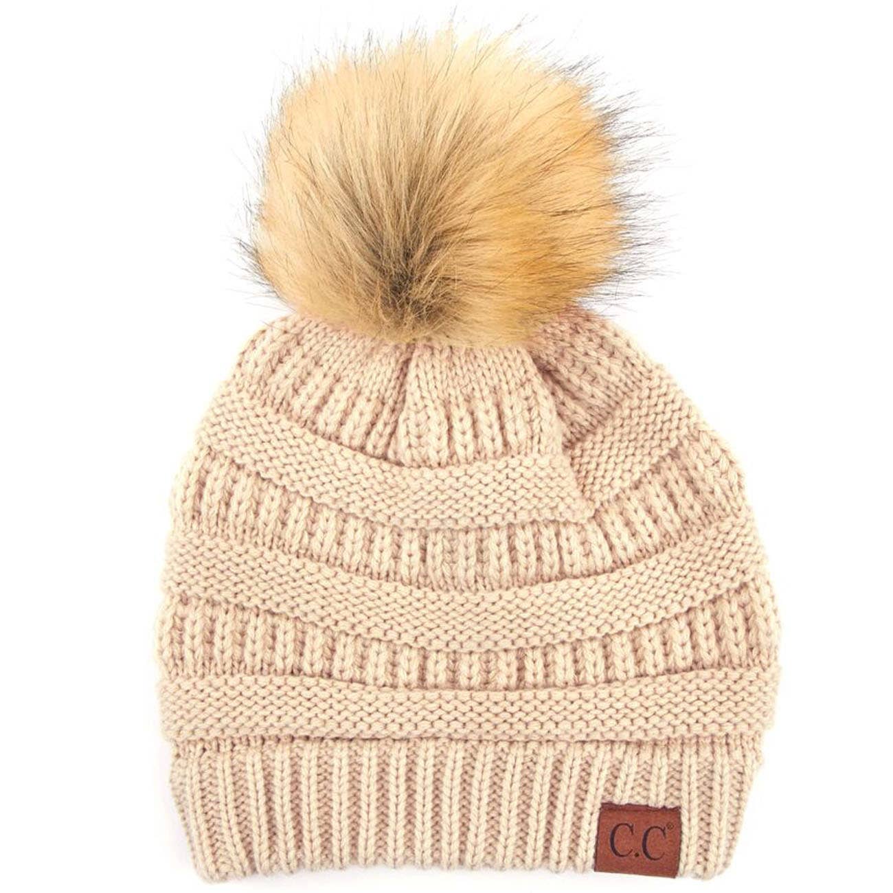 C.C Solid Ribbed Knit Beanie With Pom: Beige
