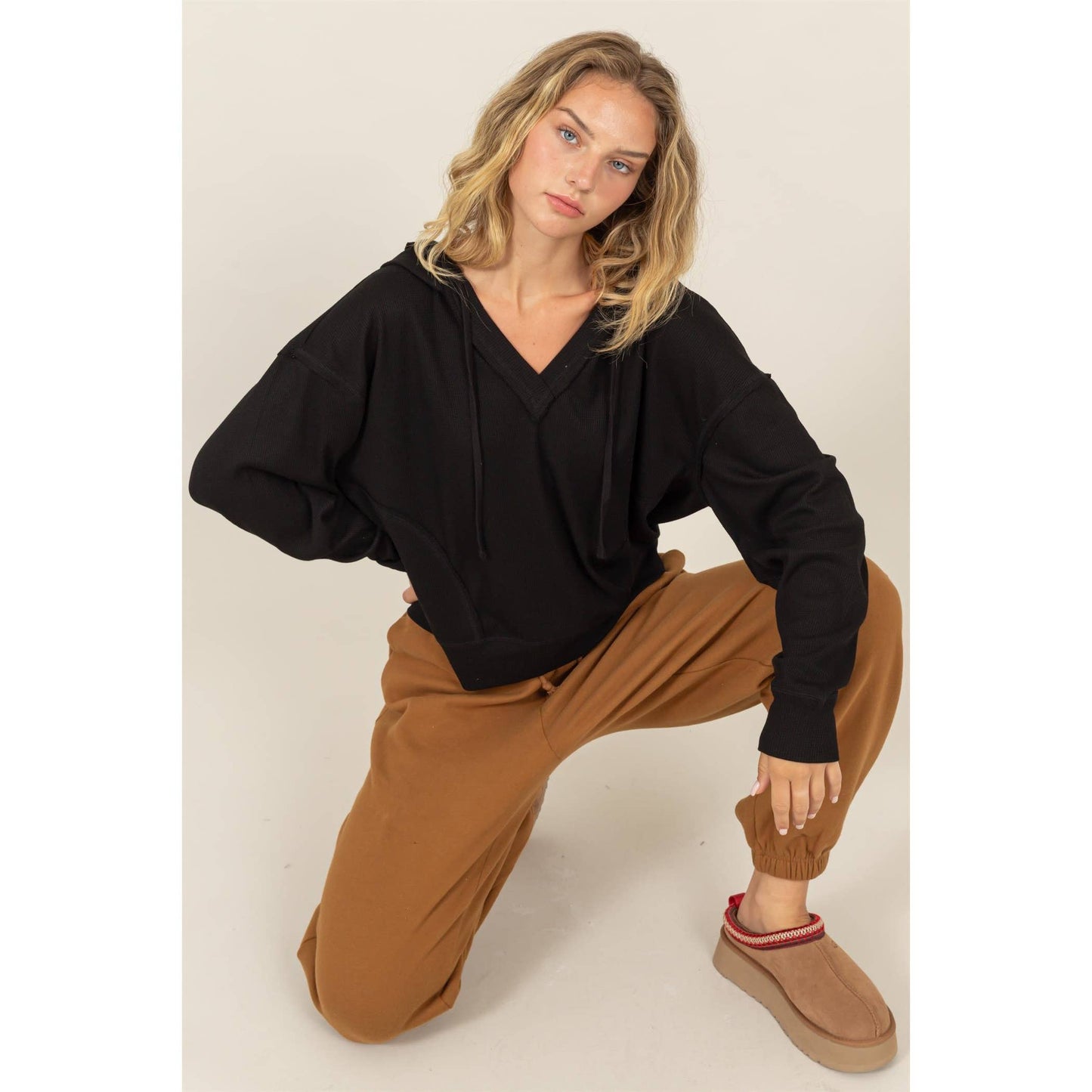 Avery Relaxed Fit Notch Neck Ribbed Hoodie