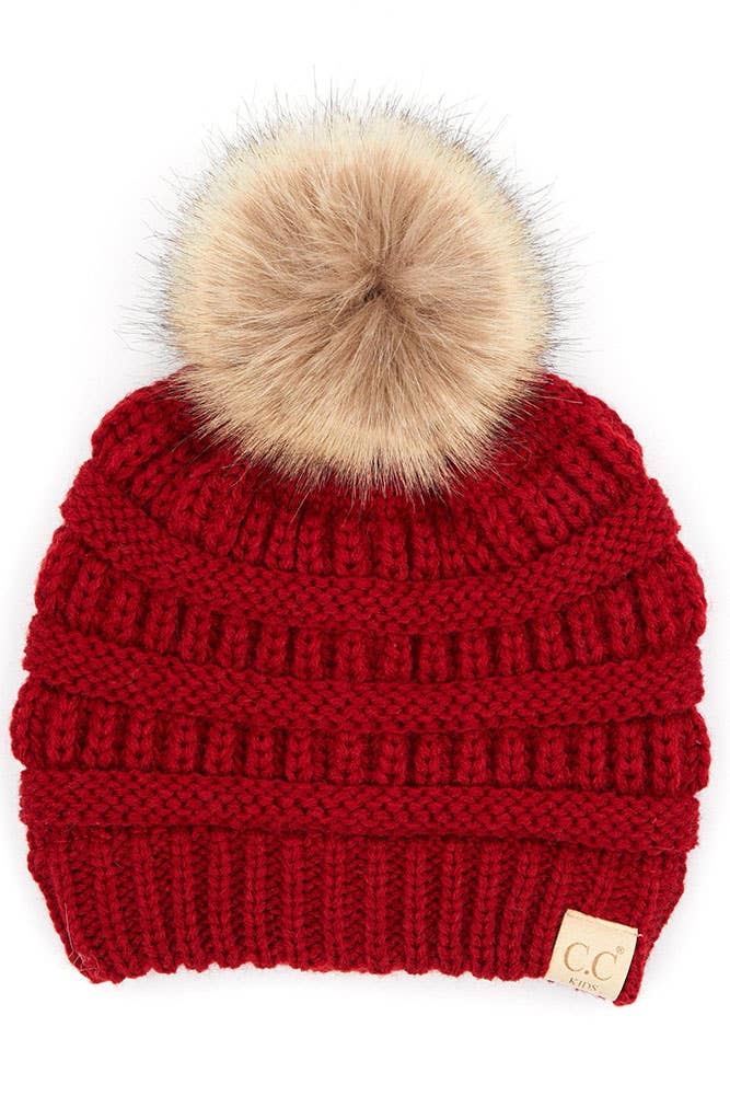 C.C Kids Solid Ribbed Beanie with Pom: Ivory