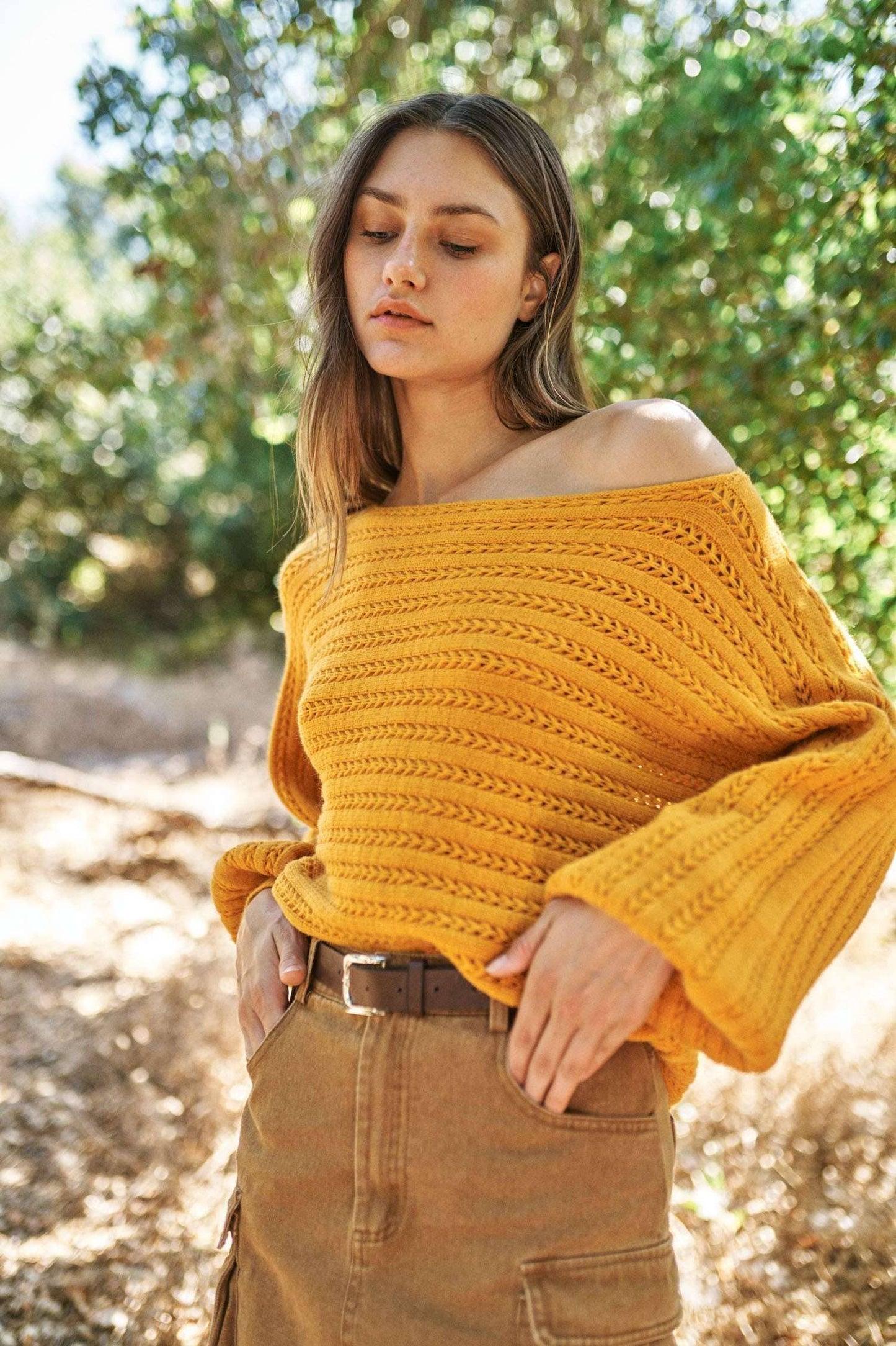 Lizzy On/Off Shoulder Sweater: Mustard