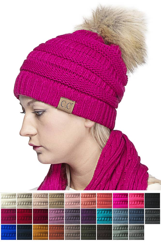 C.C Solid Ribbed Knit Beanie With Pom: Beige