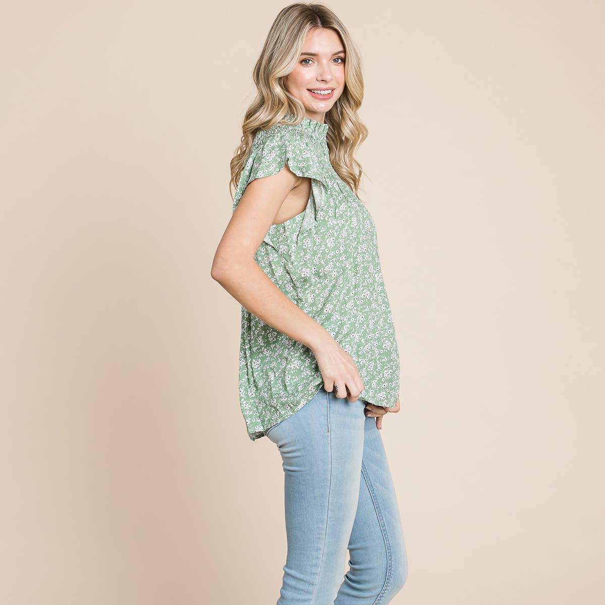 Selena Flutter Sleeve Smocked Neck Top - Sage