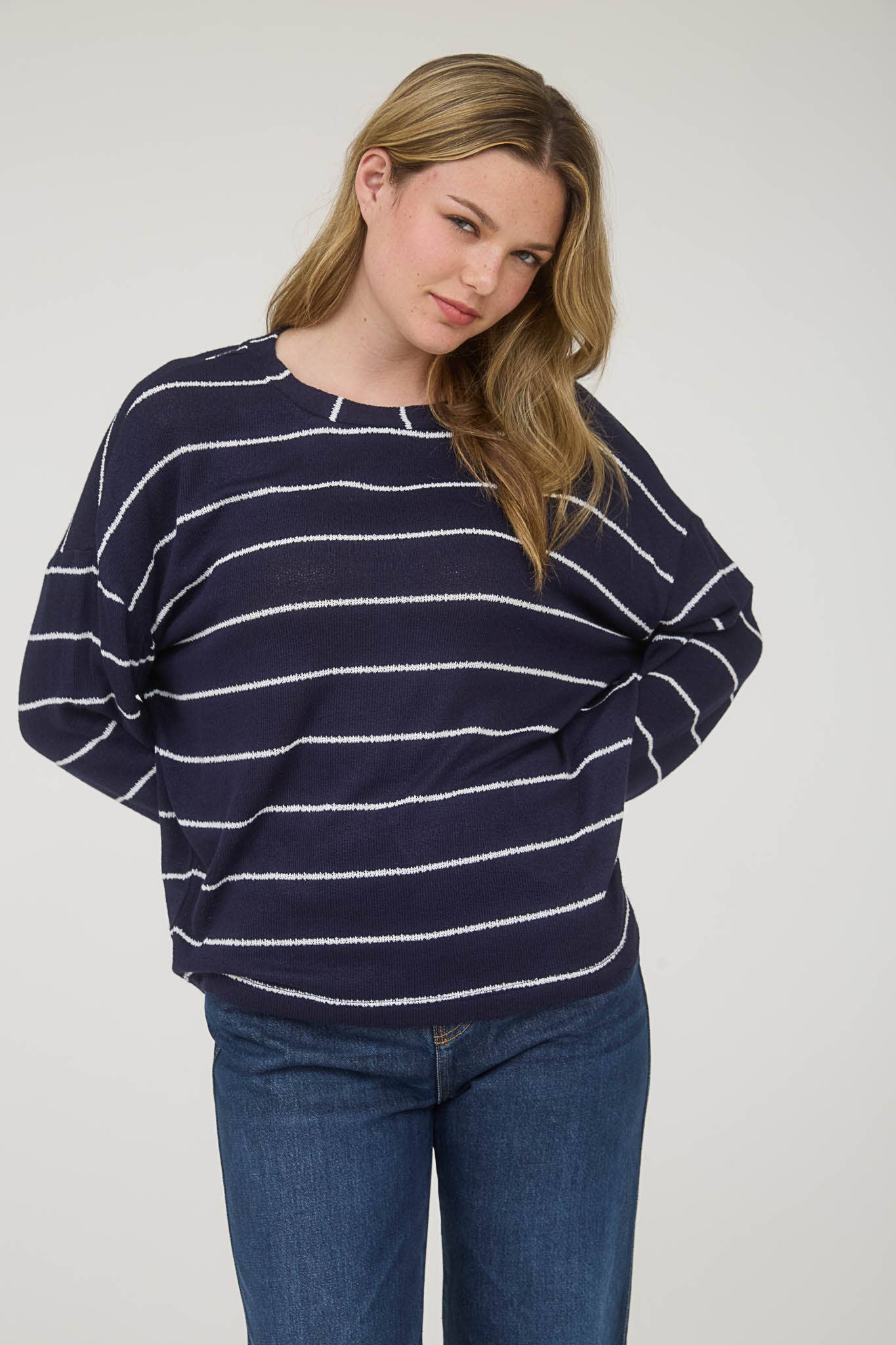 Angie Striped Drop Shoulder Knit Sweater - Navy/White