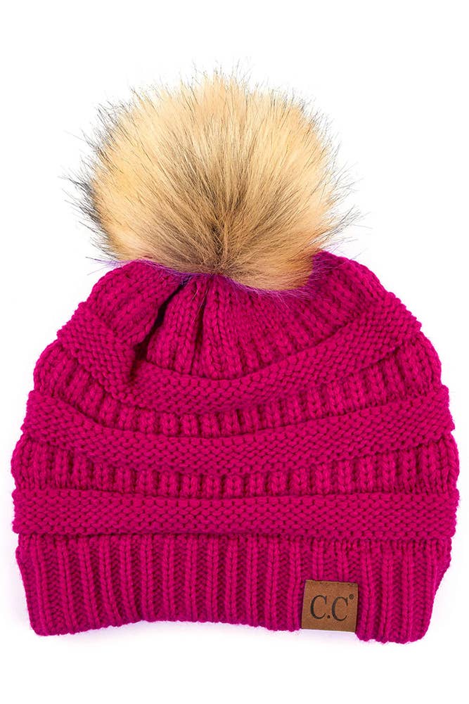 C.C Solid Ribbed Knit Beanie With Pom: Beige